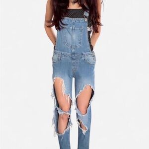 Light Blue Distressed Denim Overalls - Women Jeans